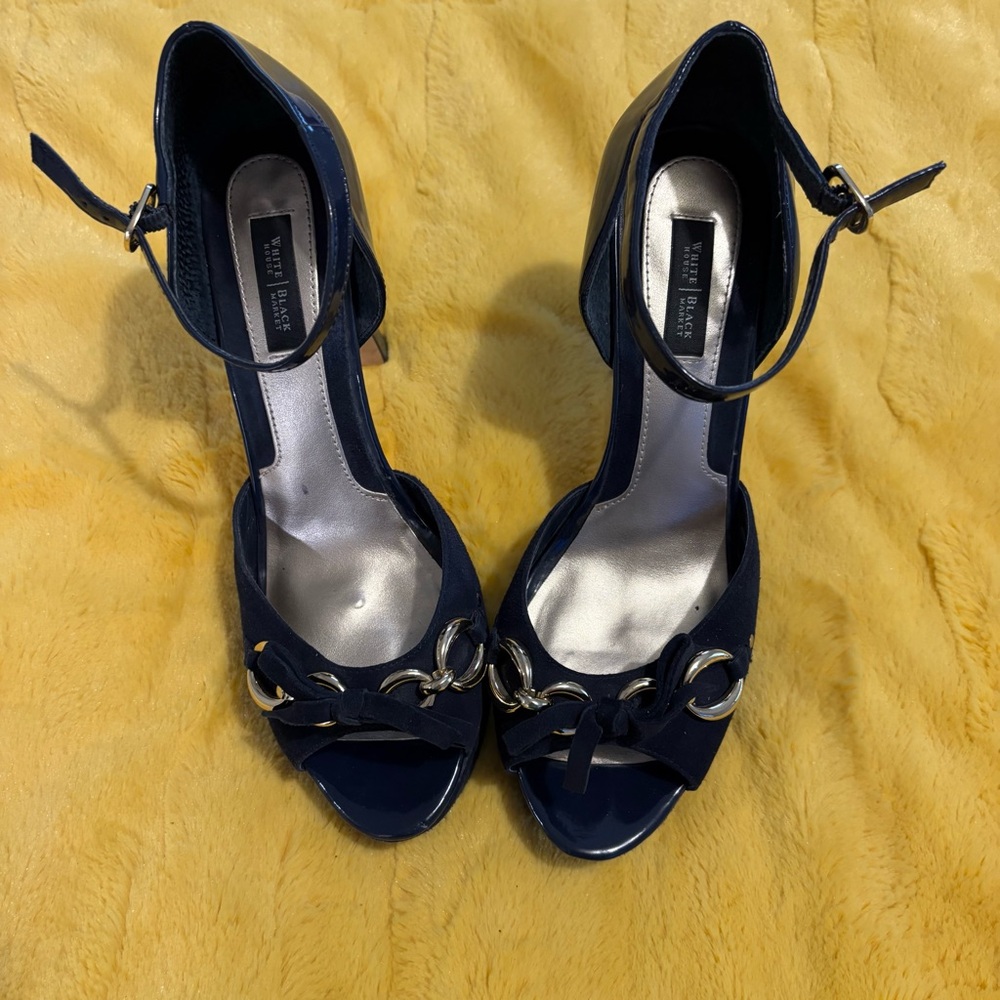 White House Black Market Navy patent/suede Heels with Gold Details